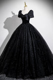 Black Glitter Tulle Long Prom Dress, Black Short Sleeve Evening Party Dress HZ0429