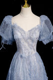 Blue Tulle Beads Long Prom Dress, Beautiful Short Sleeve Evening Party Dress HZ0429