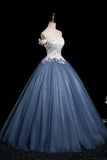 White Floral and Gray Tulle Long Prom Dress, Beautiful A-Line Party Dress HZ0429