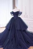 Navy Tulle Beads Long Prom Dress, Elegant Off the Shoulder Evening Party Dress HZ0429