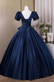 Navy Satin Long Prom Dress, Elegant Short Sleeve Evening Party Dress HZ0429