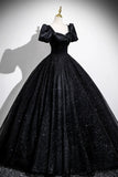 Black Glitter Tulle Long Prom Dress, Black Short Sleeve Evening Party Dress HZ0429