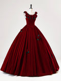 Burgundy Velvet Long Prom Dress with Flower, Beautiful A-Line Formal Party Dress HZ0429
