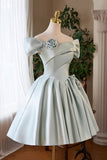 Green Satin Short A-Line Prom Dress, Lovely Off the Shoulder Party Homecoming Dress HZ0429