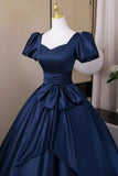 Navy Satin Long Prom Dress, Elegant Short Sleeve Evening Party Dress HZ0429