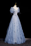 Blue Tulle Beads Long Prom Dress, Beautiful Short Sleeve Evening Party Dress HZ0429