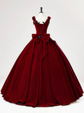 Burgundy Velvet Long Prom Dress with Flower, Beautiful A-Line Formal Party Dress HZ0429