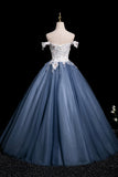 White Floral and Gray Tulle Long Prom Dress, Beautiful A-Line Party Dress HZ0429