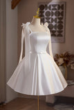 White Satin Knee Length Prom Dress, Lovely A-Line Party Dress White Bow HZ0429