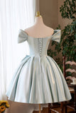 Green Satin Short A-Line Prom Dress, Lovely Off the Shoulder Party Homecoming Dress HZ0429