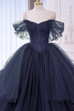 Navy Tulle Beads Long Prom Dress, Elegant Off the Shoulder Evening Party Dress HZ0429