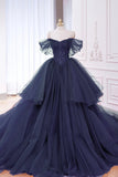 Navy Tulle Beads Long Prom Dress, Elegant Off the Shoulder Evening Party Dress HZ0429