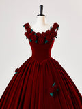 Burgundy Velvet Long Prom Dress with Flower, Beautiful A-Line Formal Party Dress HZ0429