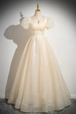 Lovely Tulle Long Prom Dress, A-Line Short Sleeve Evening Party Dress HZ0429