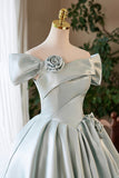 Green Satin Short A-Line Prom Dress, Lovely Off the Shoulder Party Homecoming Dress HZ0429