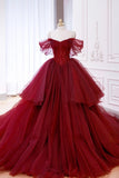 Burgundy Tulle Beads Long Prom Dress, A-Line Off the Shoulder Formal Evening Dress HZ0429