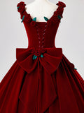 Burgundy Velvet Long Prom Dress with Flower, Beautiful A-Line Formal Party Dress HZ0429