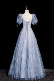 Blue Tulle Beads Long Prom Dress, Beautiful Short Sleeve Evening Party Dress HZ0429