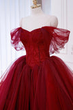 Burgundy Tulle Beads Long Prom Dress, A-Line Off the Shoulder Formal Evening Dress HZ0429