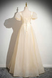 Lovely Tulle Long Prom Dress, A-Line Short Sleeve Evening Party Dress HZ0429
