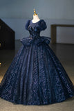Navy Tulle Sequins Long Prom Dress, Elegant Short Sleeve Evening Party Dress HZ0429