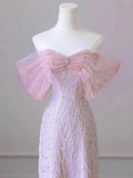 Pink Tulle Beads Long Prom Dress, Beautiful Off the Shoulder Evening Party Dress HZ0429