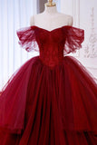 Burgundy Tulle Beads Long Prom Dress, A-Line Off the Shoulder Formal Evening Dress HZ0429