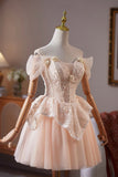 Champagne Tulle Lace Short Prom Dress, Off the Shoulder A-Line Party Dress HZ0429