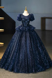 Navy Tulle Sequins Long Prom Dress, Elegant Short Sleeve Evening Party Dress HZ0429