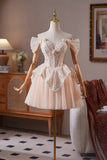 Champagne Tulle Lace Short Prom Dress, Off the Shoulder A-Line Party Dress HZ0429