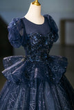 Navy Tulle Sequins Long Prom Dress, Elegant Short Sleeve Evening Party Dress HZ0429