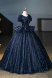 Navy Tulle Sequins Long Prom Dress, Elegant Short Sleeve Evening Party Dress HZ0429
