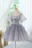 Grey Sparkly Tulle Short Party Dress with Floral Appliques HZ0429