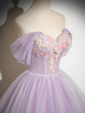 Lilac Tulle Long Fairy Flower Prom Dress, Beautiful A-Line Graduation Evening Dress Sweet 16 Dress HZ0429