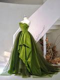 A-Line Strapless Green Satin Tulle Sweep Train Prom Evening Dresses HZ0429