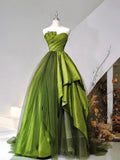 A-Line Strapless Green Satin Tulle Sweep Train Prom Evening Dresses HZ0429