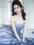 Blue Spaghetti Strap Gradient Sequins Long Prom Dress, Beautiful Sweetheart Neck Evening Party Dress HZ0429