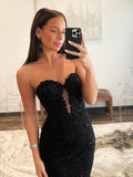 Black Mermaid Sweetheart Lace Long Prom Dress, Black Strapless Evening Party Dress HZ0429