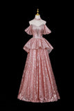 Dusty Pink Off-the-Shoulder Sequin Prom Dress with Ruffled Peplum HZ0429