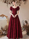 Burgundy Satin Floor Length Prom Dress, A-Line Short Sleeve Evening Party Dress HZ0429