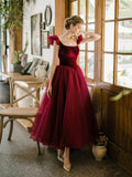 Burgundy Velvet Tulle Tea Length Prom Dress, Cute A-Line Evening Party Dress HZ0429
