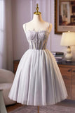 Gray Tulle Lace Short Prom Dress, A-Line Evening Party Dress HZ0429
