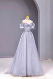 Gray Tulle Sequins Long Prom Dress, Beautiful Off the Shoulder Party Dress HZ0429