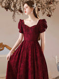 Burgundy Satin Floor Length Prom Dress, A-Line Short Sleeve Evening Party Dress HZ0429