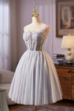 Gray Tulle Lace Short Prom Dress, A-Line Evening Party Dress HZ0429