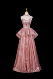 Dusty Pink Off-the-Shoulder Sequin Prom Dress with Ruffled Peplum HZ0429