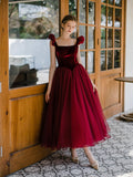 Burgundy Velvet Tulle Tea Length Prom Dress, Cute A-Line Evening Party Dress HZ0429