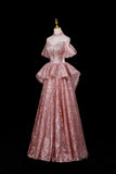 Dusty Pink Off-the-Shoulder Sequin Prom Dress with Ruffled Peplum HZ0429