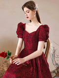 Burgundy Satin Floor Length Prom Dress, A-Line Short Sleeve Evening Party Dress HZ0429