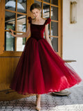 Burgundy Velvet Tulle Tea Length Prom Dress, Cute A-Line Evening Party Dress HZ0429